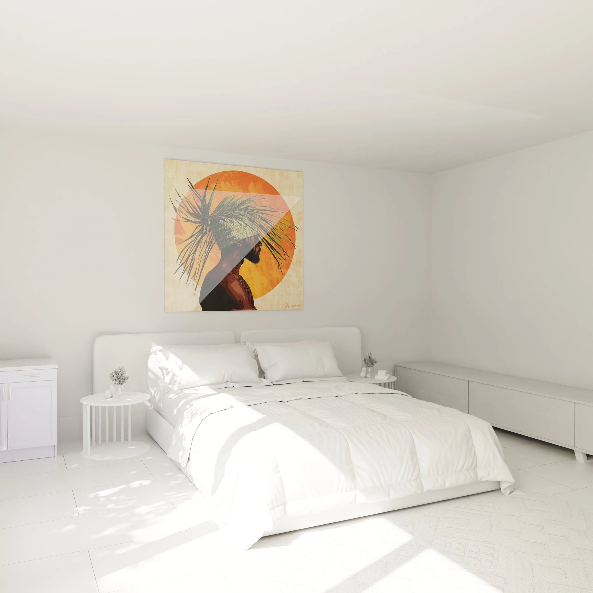 Tableau africain mural Walensky représentant un portrait silhouette avec soleil orange dans chambre lumineuse