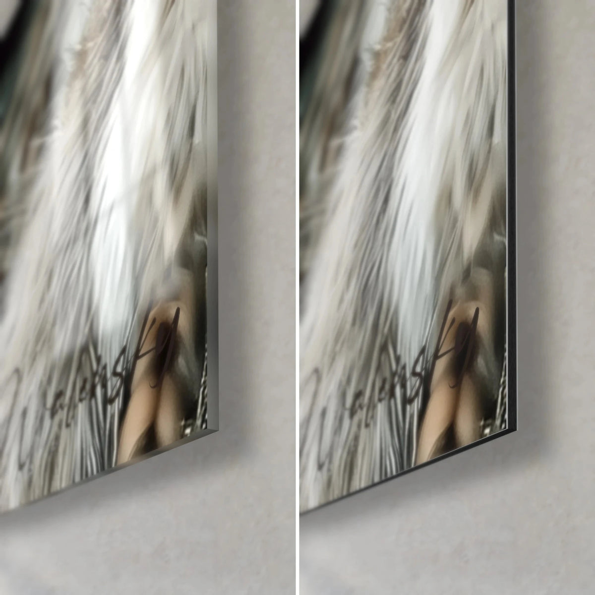 Schilderij van een ceremoniële leider, witte veren en bruin vlechtwerk, rechtsonder in de hoek, glanzend glas links, mat Dibond rechts, 3 mm rand