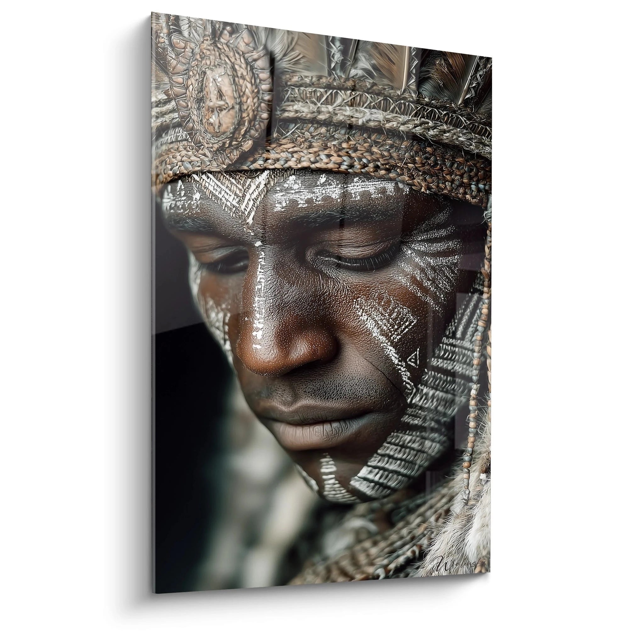 tableau art tribal Walensky tableau mural portrait homme visage peint motifs blancs coiffe traditionnelle plumes
