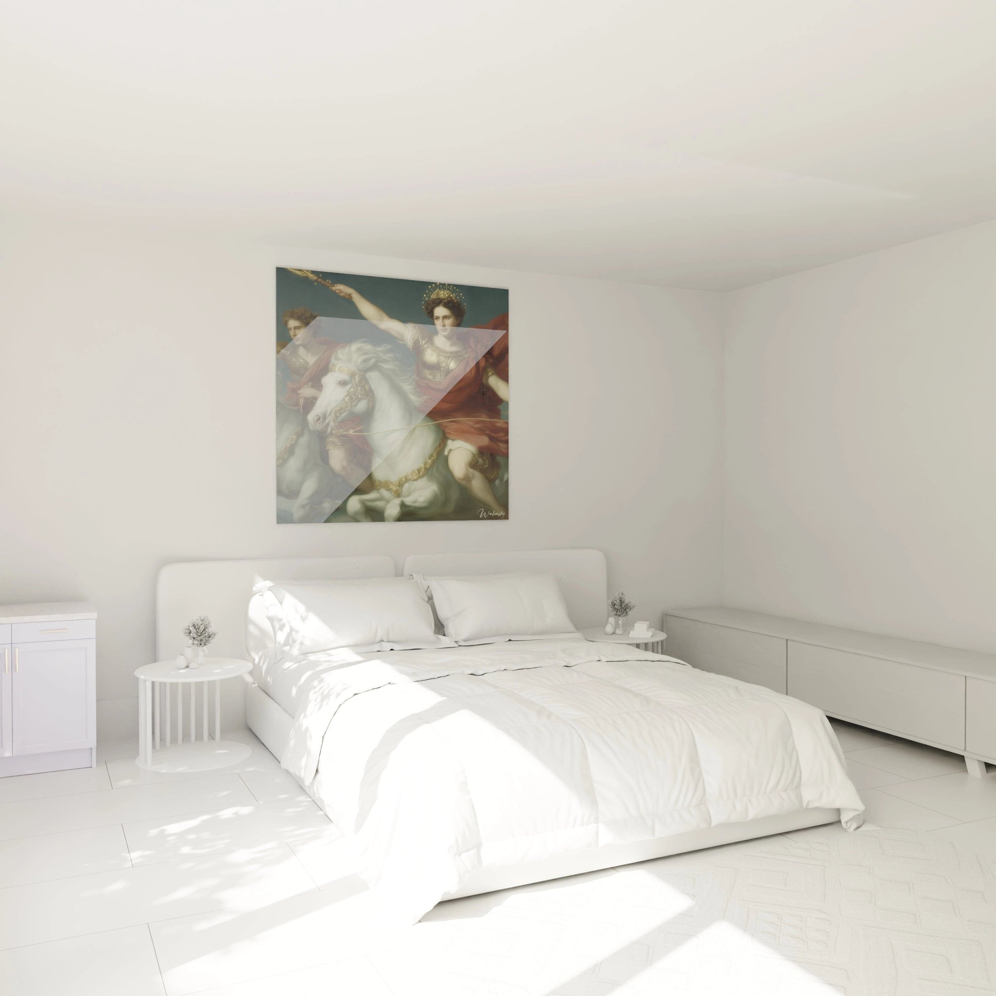 Tableau mural Walensky représentant un tableau guerrier néo classique accroché au dessus d un lit blanc minimaliste