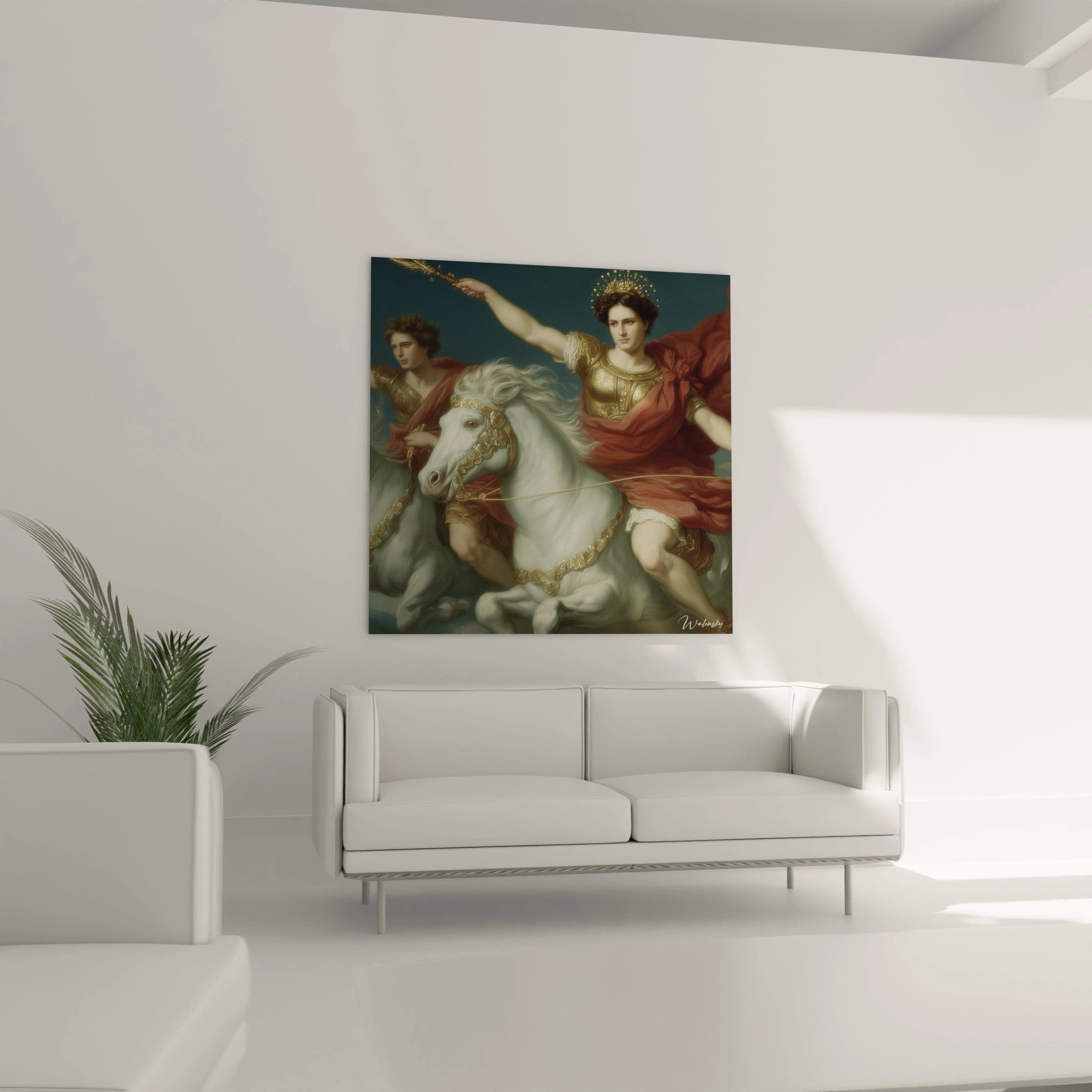 tableau guerrier néo classique Walensky peinture murale représentant un cavalier héroïque en toge rouge sur un cheval blanc