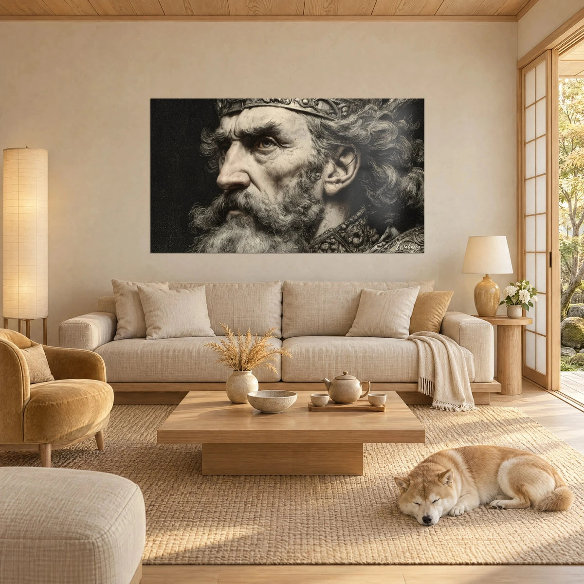Quadro re barbuto con diadema cesellata, profilo inciso in nero e avorio, sguardo limpido, Shiba addormentato, sopra un divano in un soggiorno luminoso
