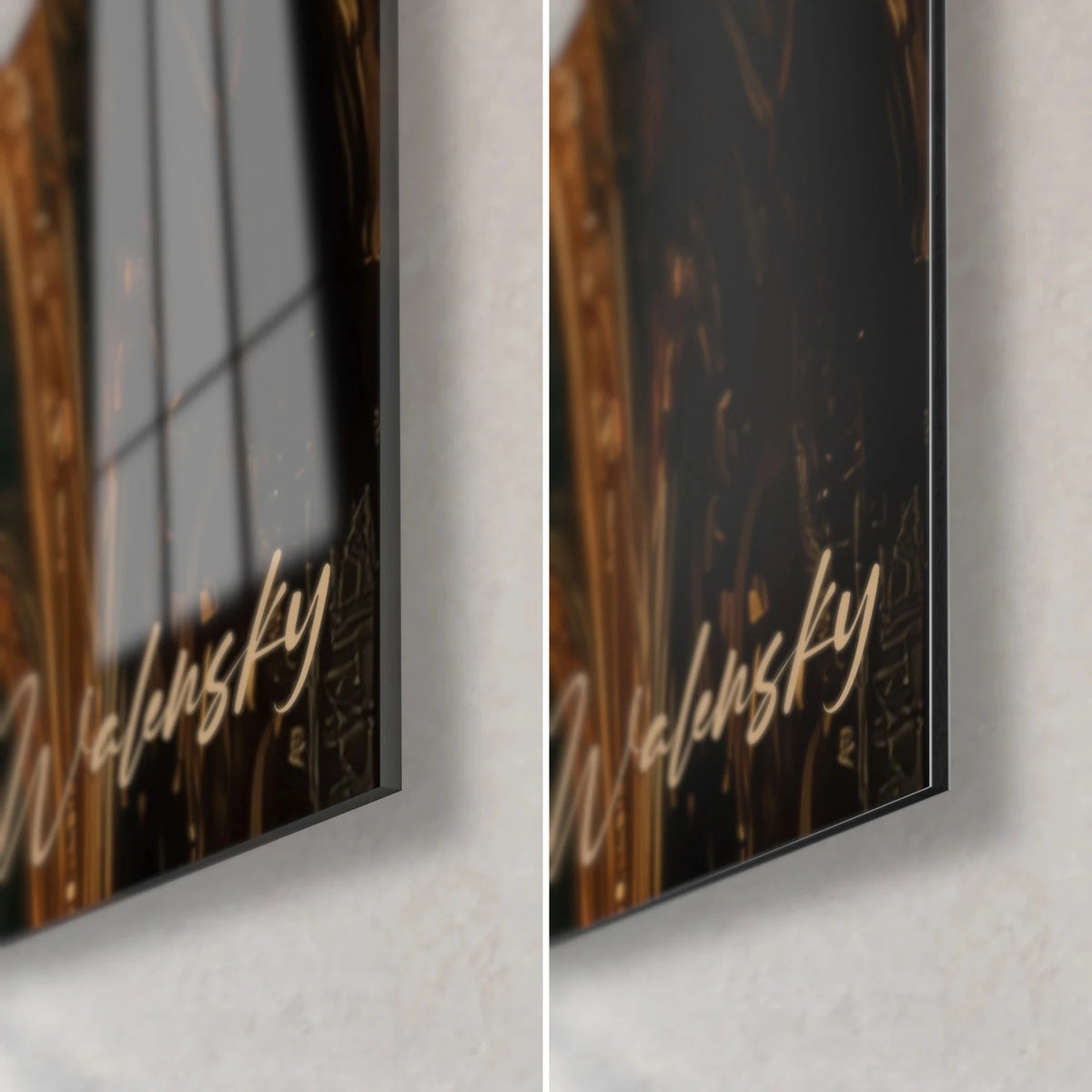 Gemälde eines Porträts von Alexander in verzierter Rüstung, untere rechte Ecke: glänzendes Acrylglas mit Reflexen, mattes Alu-Dibond, 3 mm Kante