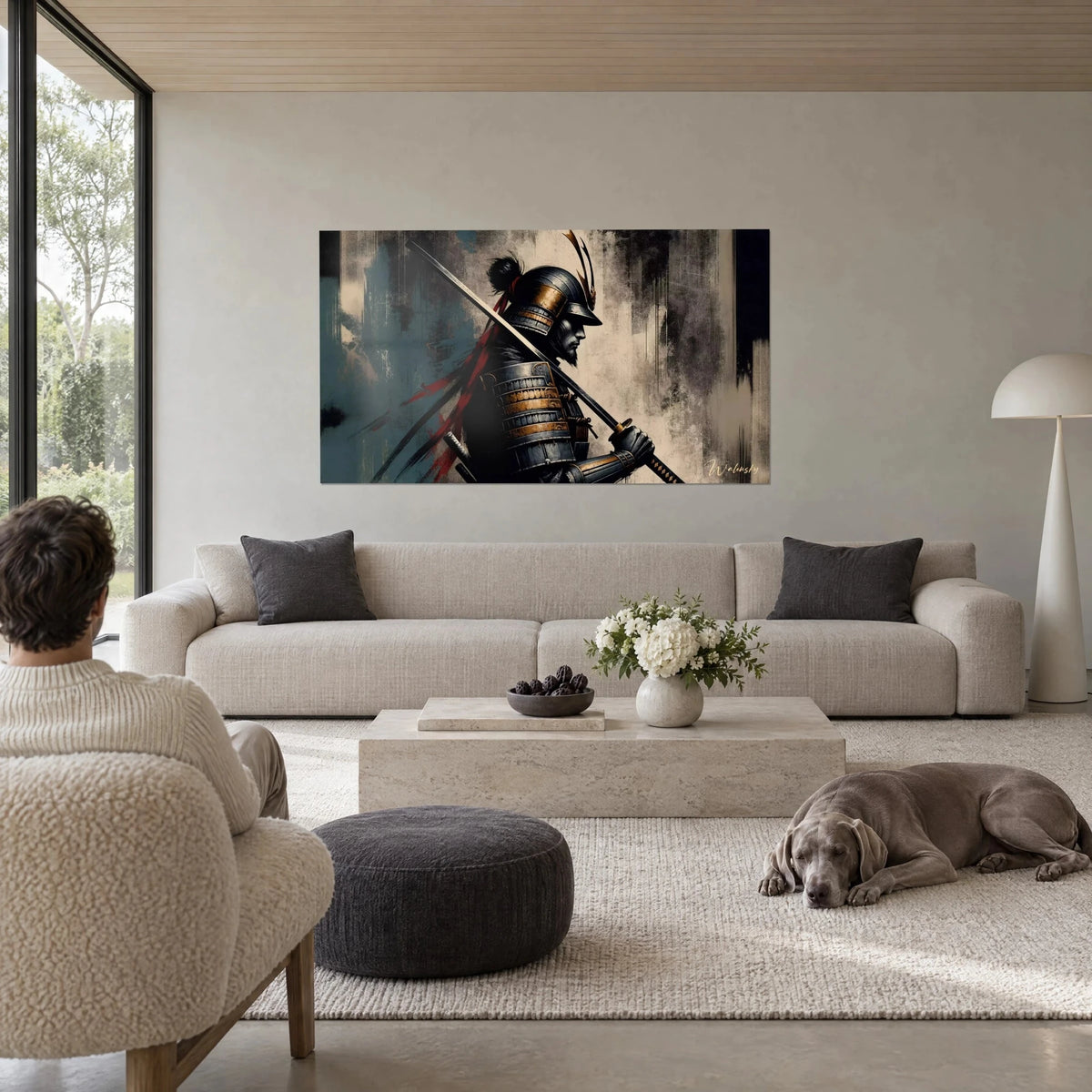 Wall art samurai in profile, black and gold helmet, katana on the shoulder, red scarf, sepia background, above a sofa in a bright living room