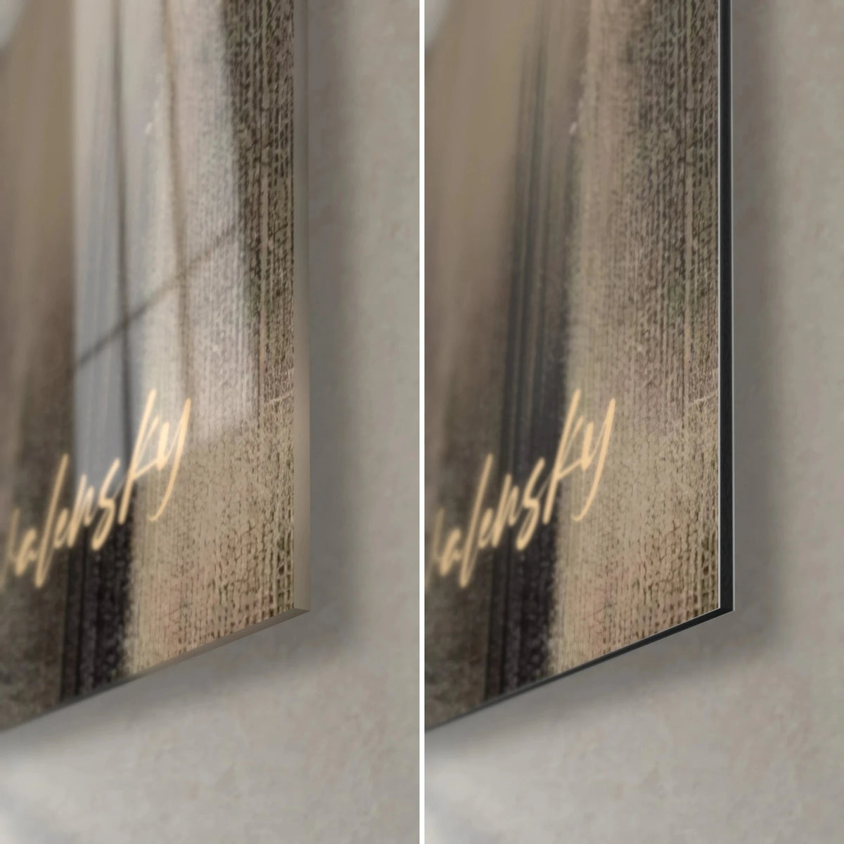 Wall art armoured fighter, glossy glass corner and matte Dibond aluminium at bottom right, 3 mm edge, gold signature, black and beige background