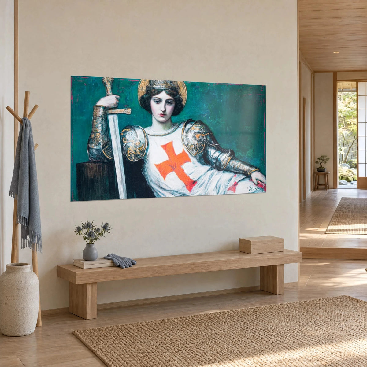 Wall art of a Pre-Raphaelite female knight leaning on her sword, silver armour and orange-tinted cross on a turquoise background, three-quarter view in the entrance hall
