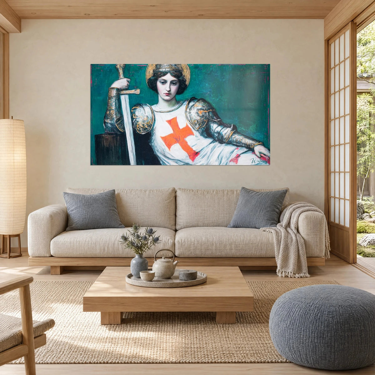 Wall art of a warrior woman with a golden halo, white tunic and orange cross on a deep green background, above a sofa in a bright living room