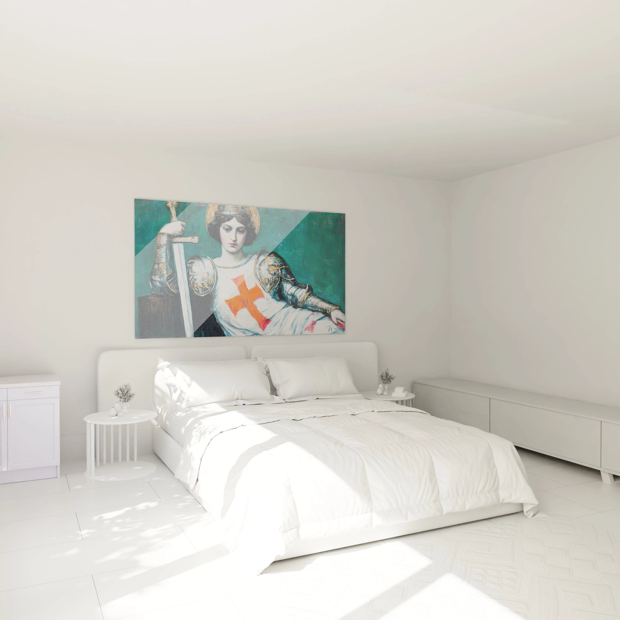 Tableau mural Walensky montrant tableau guerrière préraphaélite accroché au dessus d un lit dans une chambre blanche