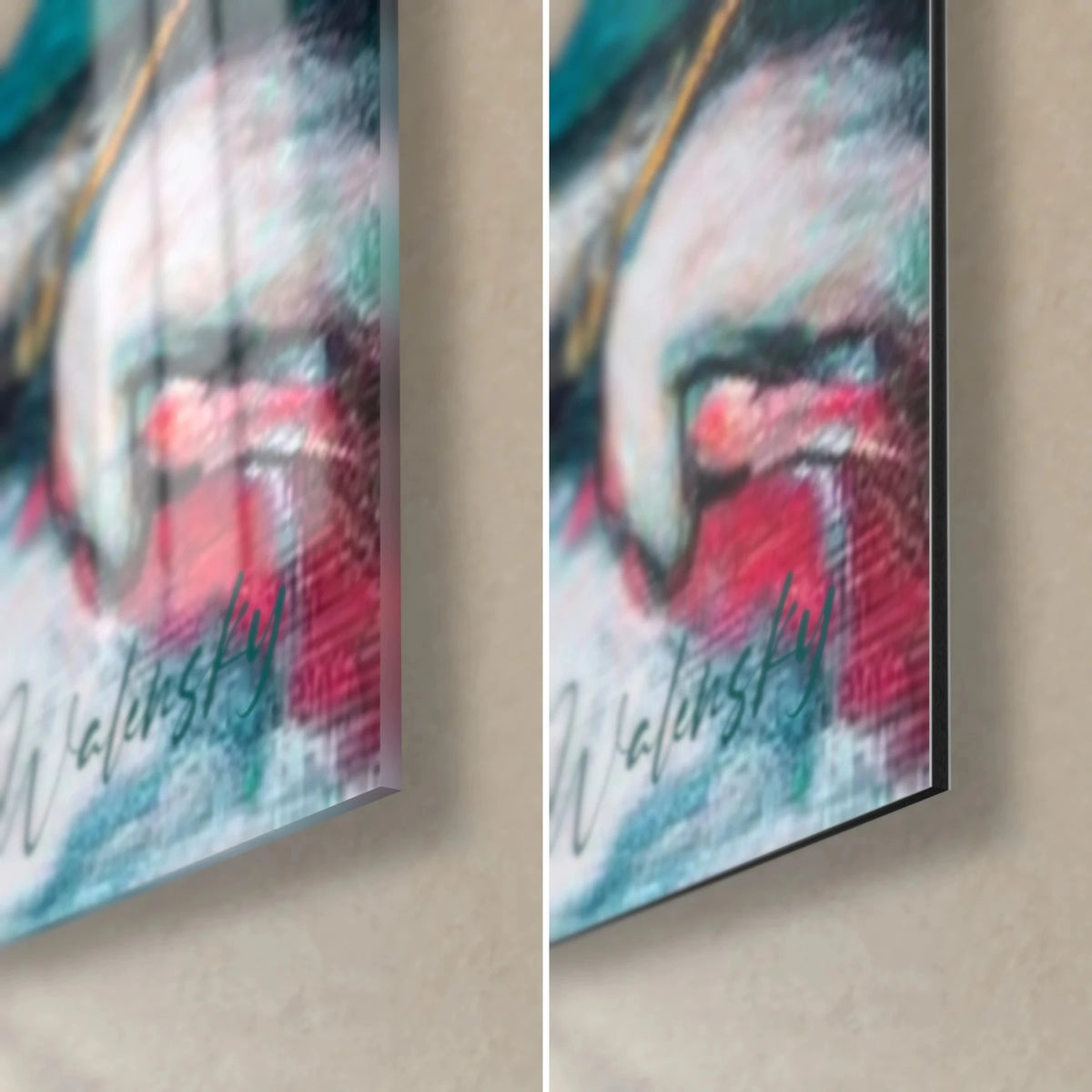 Wall art of a warrior with a scarlet cross, bottom right corner: bright red and white, glossy glass on the left, matte Dibond on the right, 3 mm edge