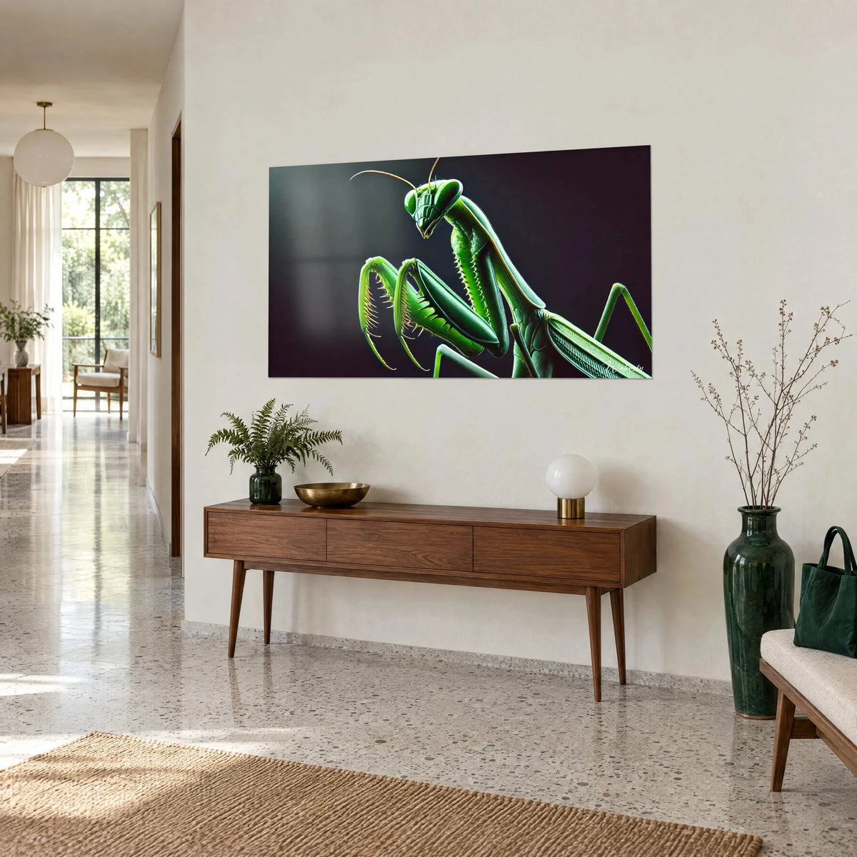 Wall art insect in apple green and deep purple, glossy carapace and golden antennae, three-quarter view above a wooden sideboard