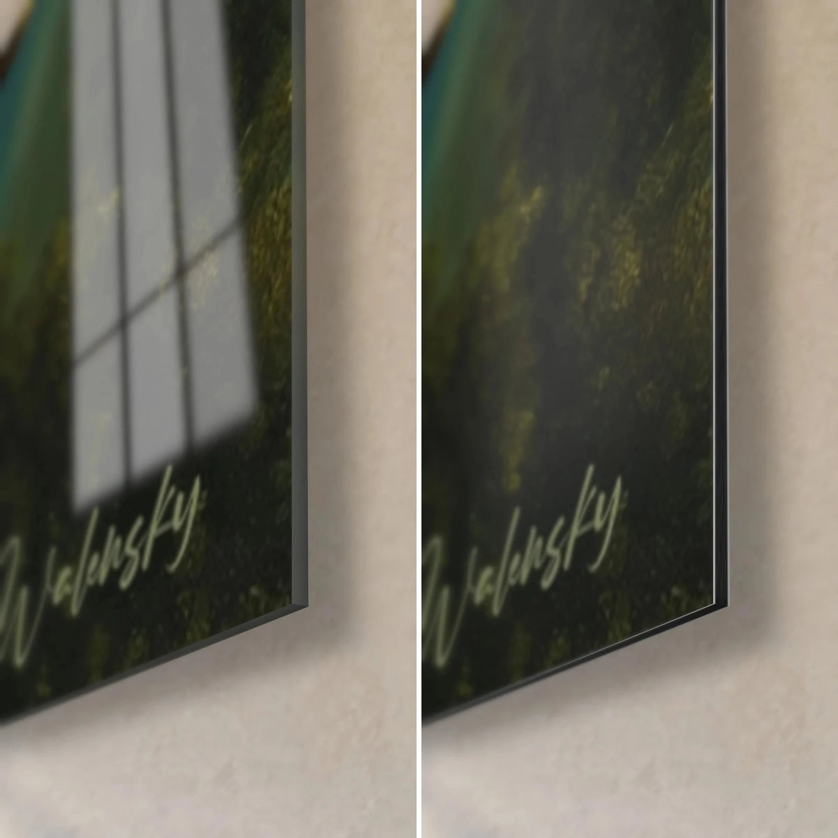 Tableau guerrière à la cuirasse dorée, coin bas droit en verre acrylique brillant et alu Dibond mat, tranche de 3 mm, fond vert sombre