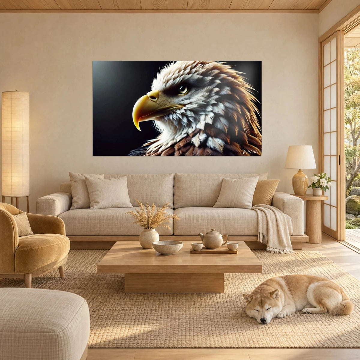 Tableau rapace au bec jaune doré, plumage blanc et brun sur fond noir, Shiba endormi au-dessus d'un canapé dans un salon lumineux
