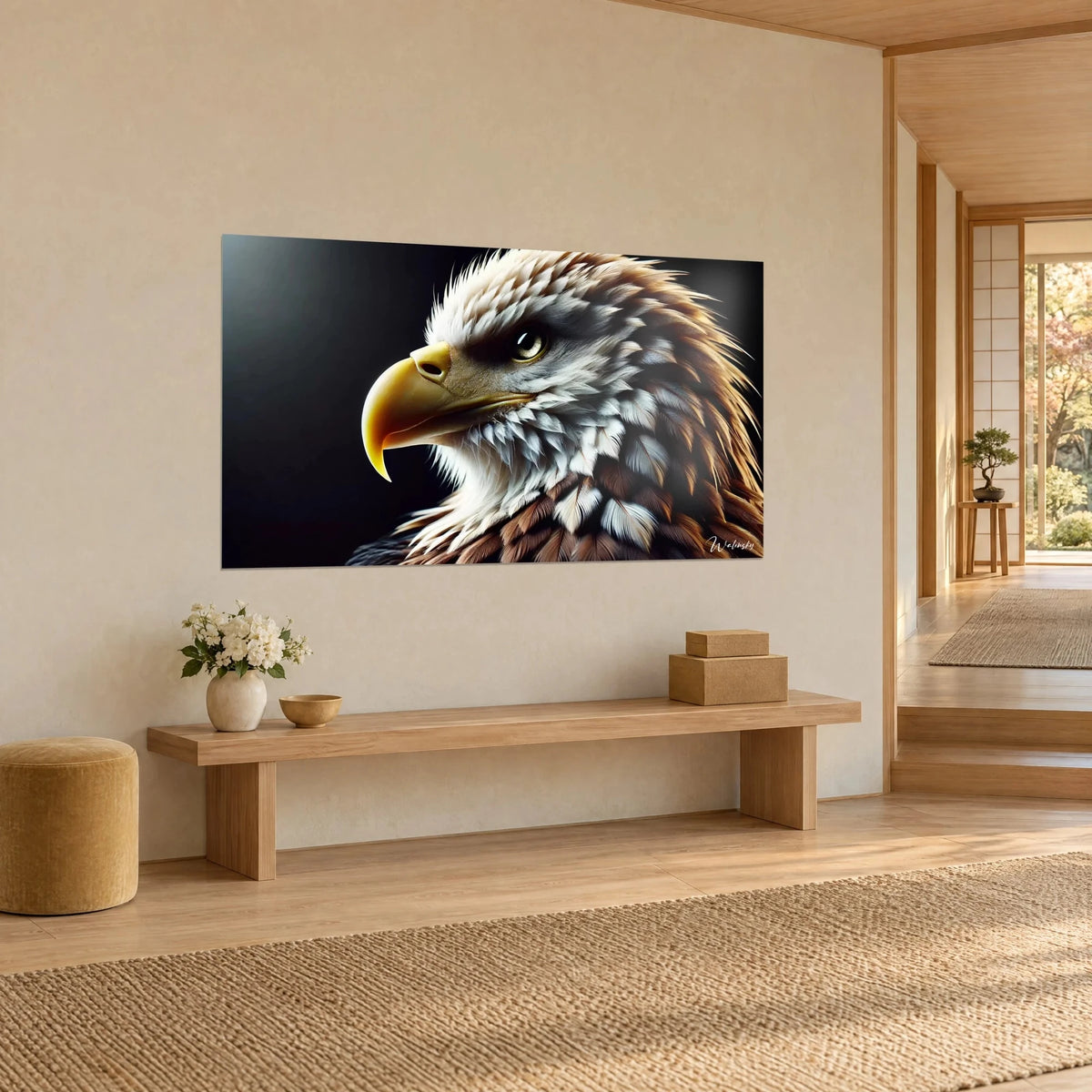 Tableau aigle de profil à l'œil ambré perçant, crinière de plumes cuivrées et crème, accroché dans un couloir japandi en bois clair