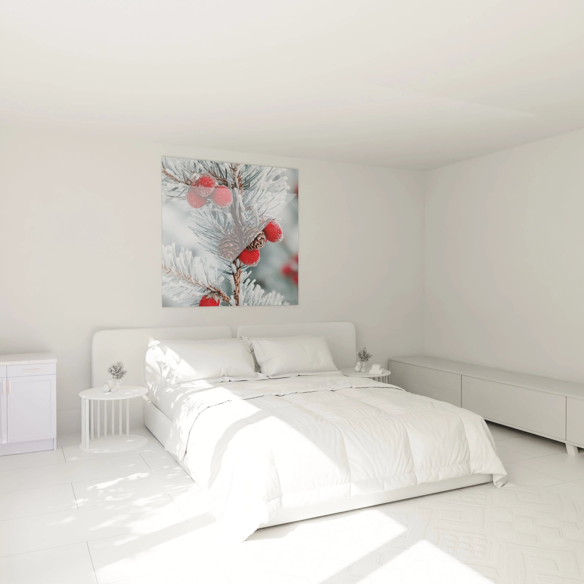 Tableau déco hivernal avec des baies rouges sur des branches blanches, parfait pour une décoration moderne