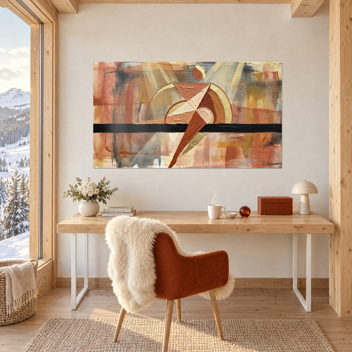 Tableau danseuse cubiste en équilibre, orange brûlé et sable, accroché au-dessus d'un bureau blanc près d'une fenêtre