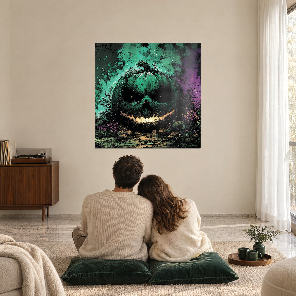 Cuadro calabaza tenebrosa rodeada de calabacines pequeños, brillos amarillo pálido y verde oscuro, una pareja abrazada sobre cojines verdes