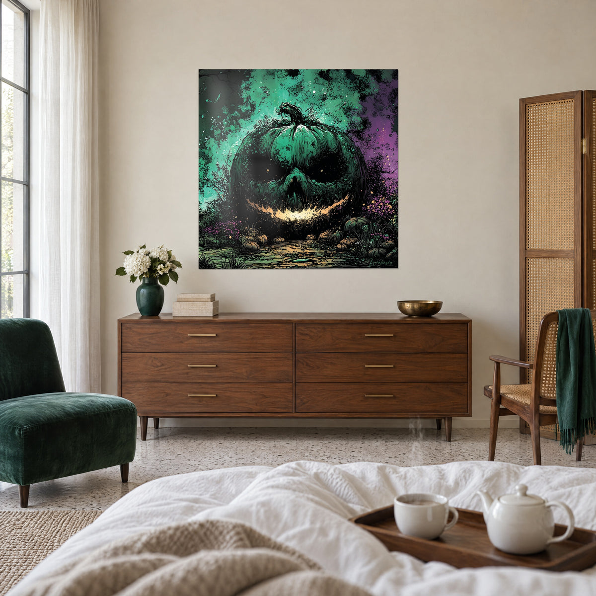 Cuadro calabaza de mueca ambarina, nubes turquesa y púrpura, frente a un sillón verde, sobre una cama en un dormitorio luminoso