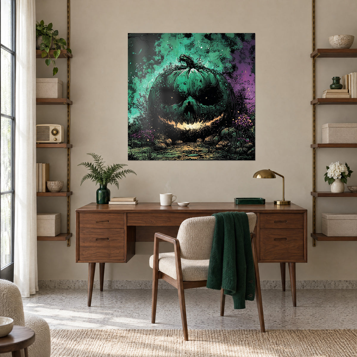 Cuadro rostro de calabaza en negro tinta, cielo verde jade y violeta, en la pared de un escritorio de madera junto a estanterías y una lámpara de latón