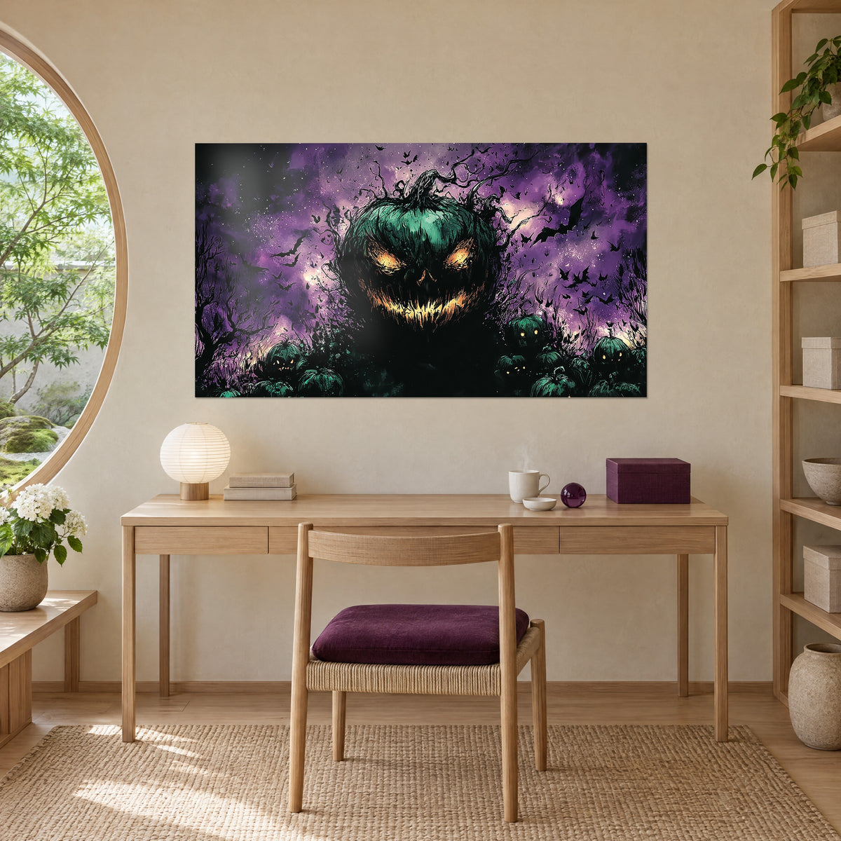 Schilderij smaragdgroene jack-o'-lantern omringd door kleine pompoenen met barnsteenkleurige ogen, diepe paarse lucht, boven een bureau van licht hout