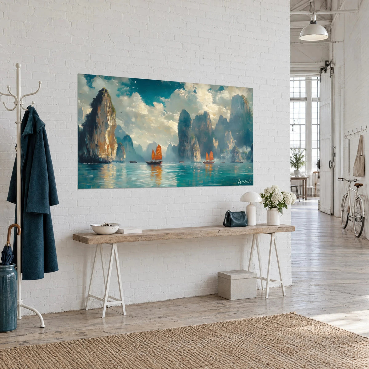 Wall art of vertical karst towers of Ha Long Bay in oil painting, deep blue sky and cream clouds, three-quarter view in a loft