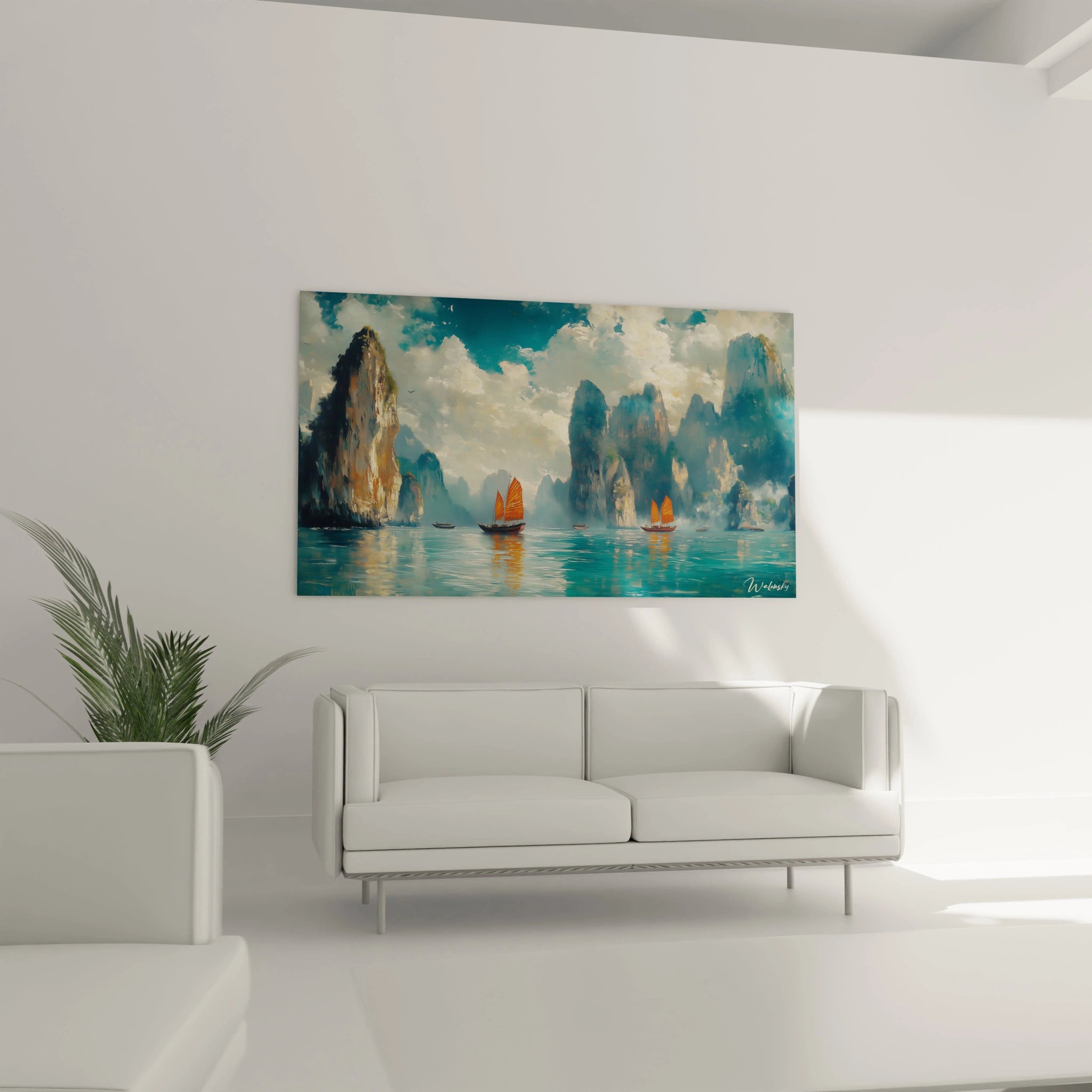 Un tableau paysage côtier illustrant une baie entourée d'imposantes montagnes calcaires grises et bleutées, traversée par des embarcations traditionnelles aux voiles orangées, où la lumière dorée se reflète sur l'eau turquoise tranquille et les nuages blancs.
