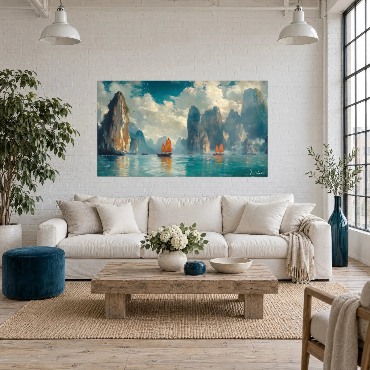 Wall art of orange-sailed junks gliding across a turquoise bay, ochre limestone peaks, hung above a sofa in a bright living room