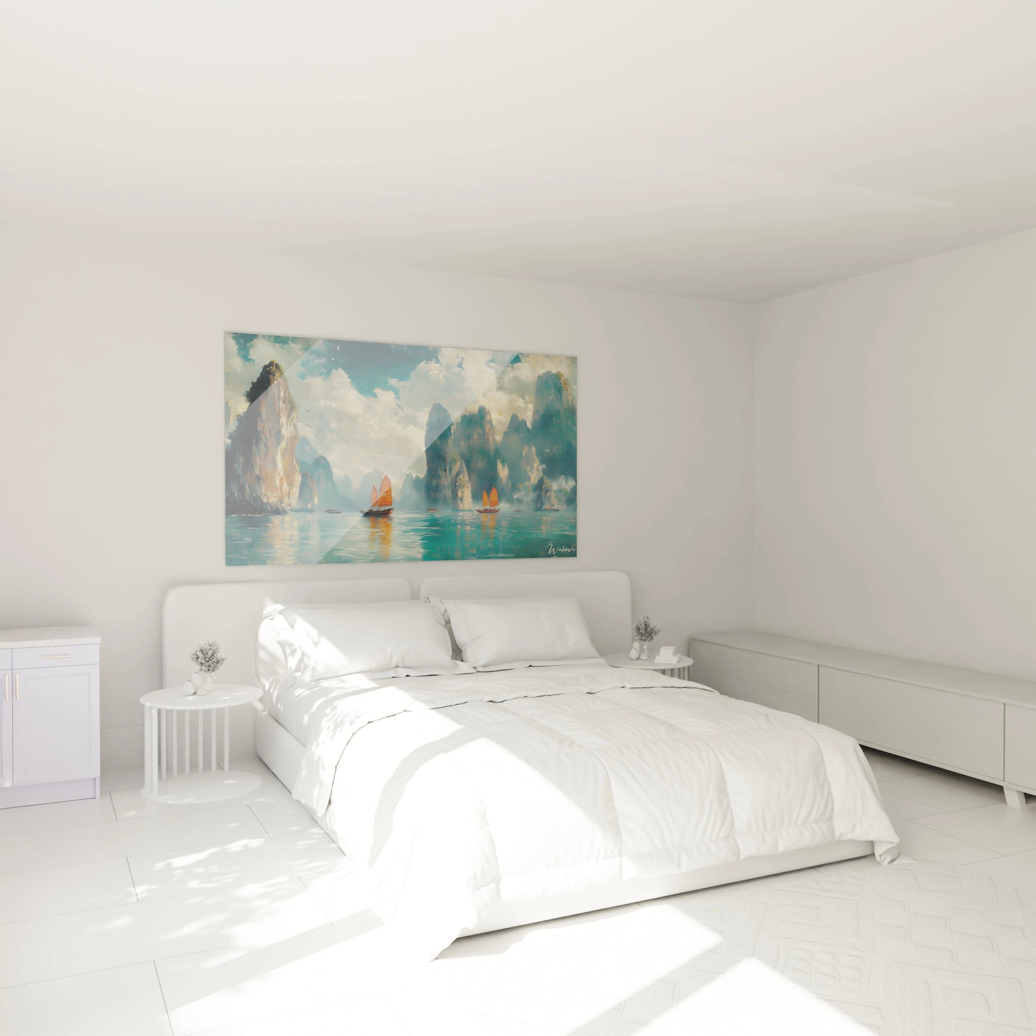 Un tableau paysage maritime asiatique montrant des formations rocheuses majestueuses émergeant d'une mer cristalline, avec des bateaux traditionnels à voiles orange vif créant un contraste saisissant avec les bleus profonds de l'eau et du ciel, dans une atmosphère sereine.
