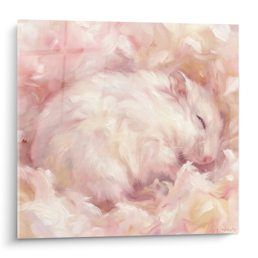Tableau Hamster Blanc aux Poils Soyeux sur Fond Rose Tendre - Pelage de Velours - Edition Hamster