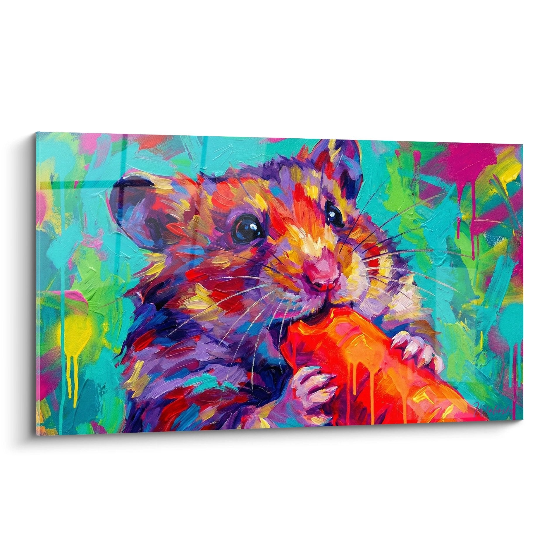 Buntes Hamster-Gemälde mit rotem Apfel im Pop-Art-Stil auf türkisem, orangefarbenem und violettem Hintergrund