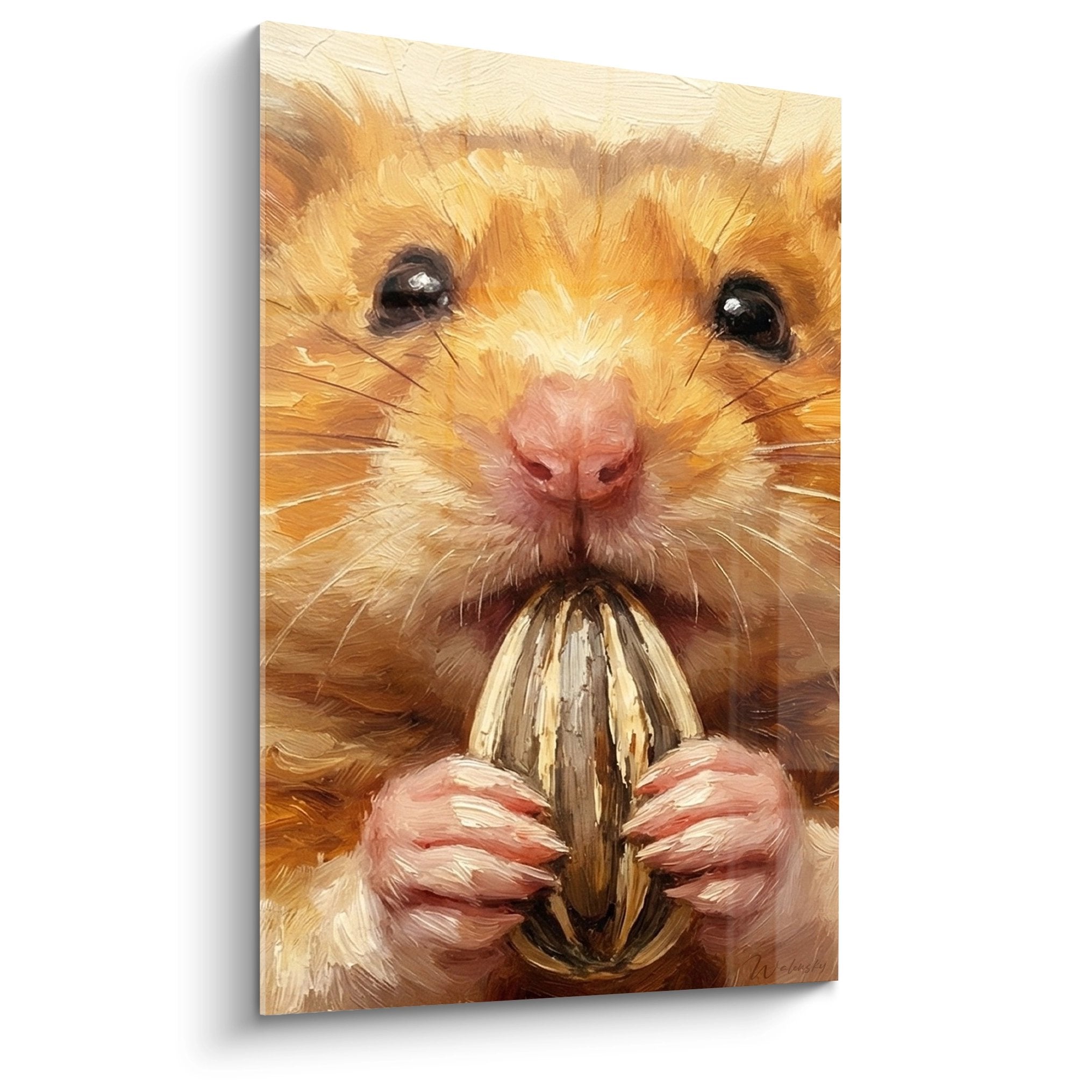 Goldener Hamster hält Körner, rosa Pfoten, schwarze Augen, bernsteinfarbenes Fell, impressionistischer Pinselstrich