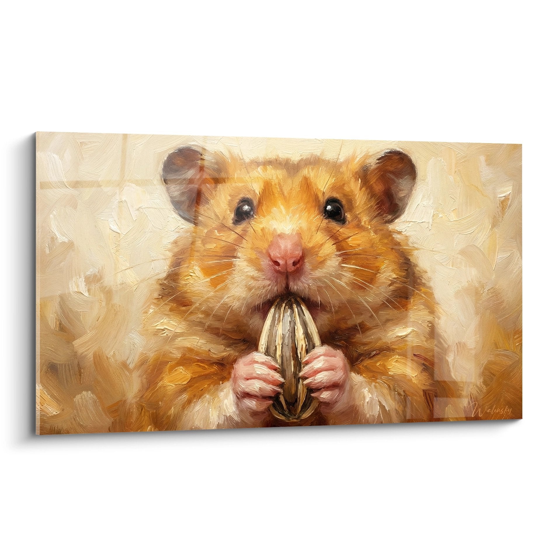 Gemälde goldener Hamster mit Samen in rosa Pfoten warme Töne beige orange Ölmalerei realistischer Stil niedlich