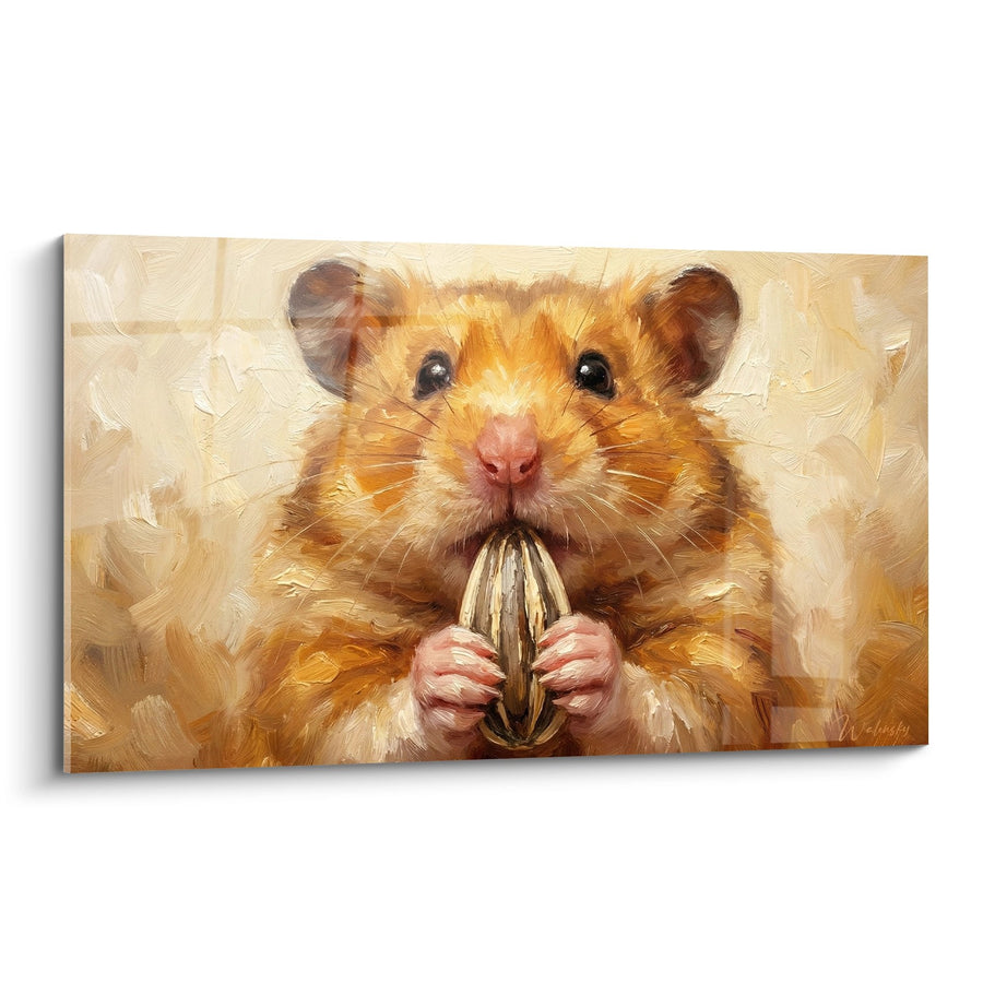 Tableau Hamster Doré Croquant une Graine aux Tons Chauds - Tendresse Gourmande - Edition Hamster