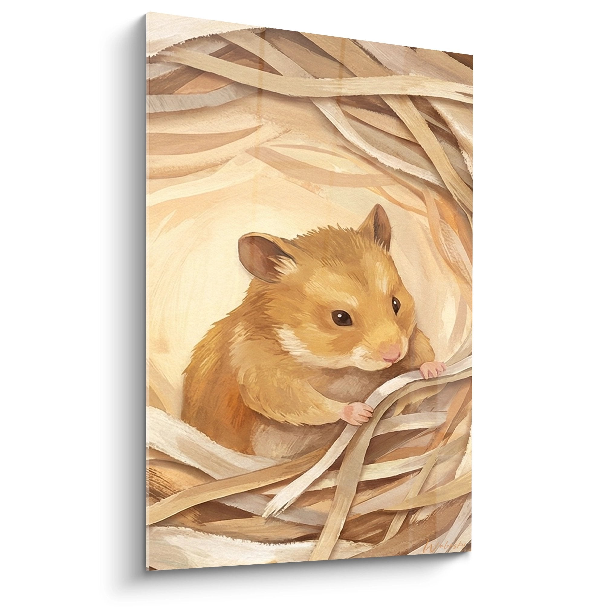 Goldhamster gekuschelt in Nest aus natürlichen Zweigen in Beige- und Karamellton niedliches Tierwandgemälde