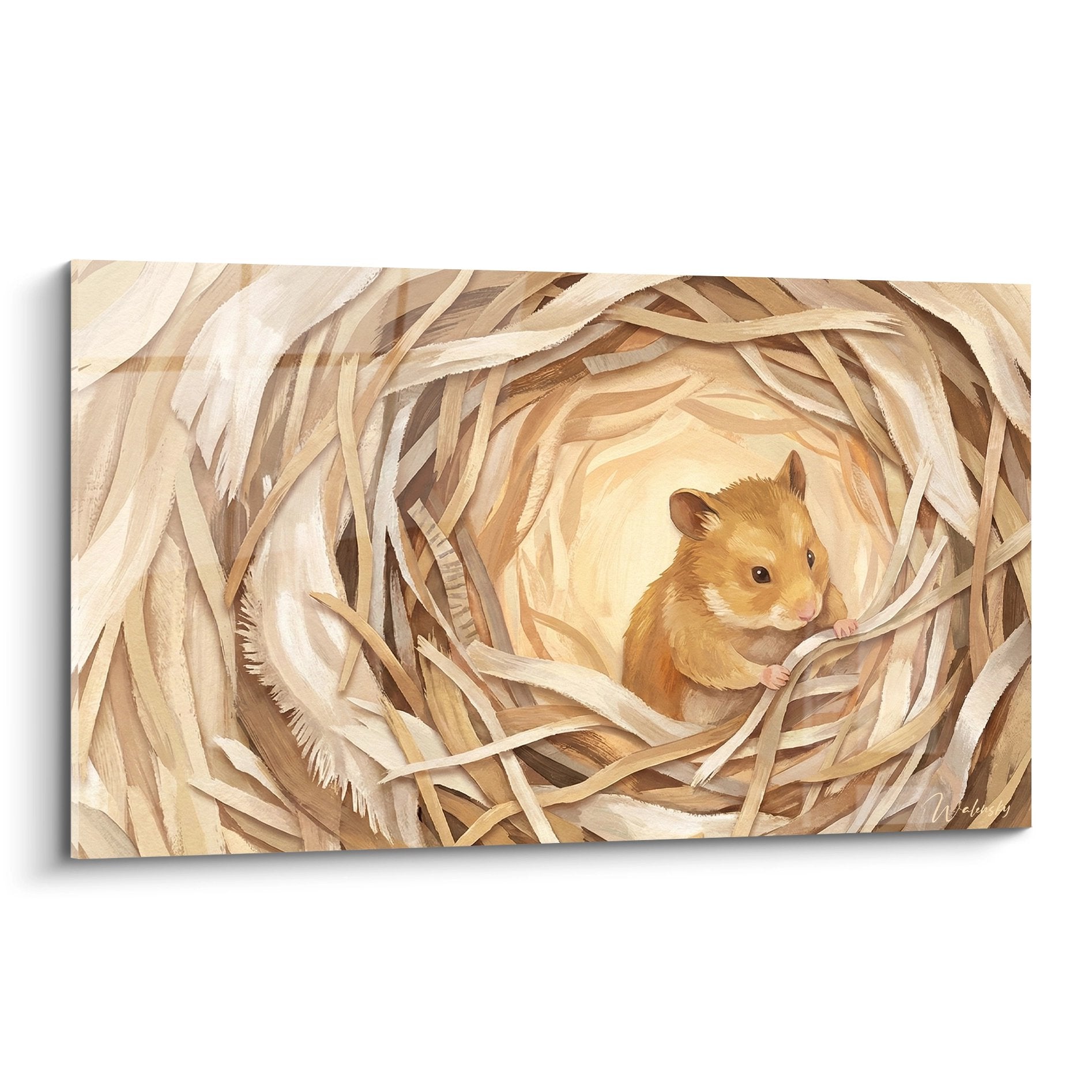 Gemälde eines goldenen Hamsters in einem Nest aus verflochtenen Zweigen in Honig- und Karamellönen