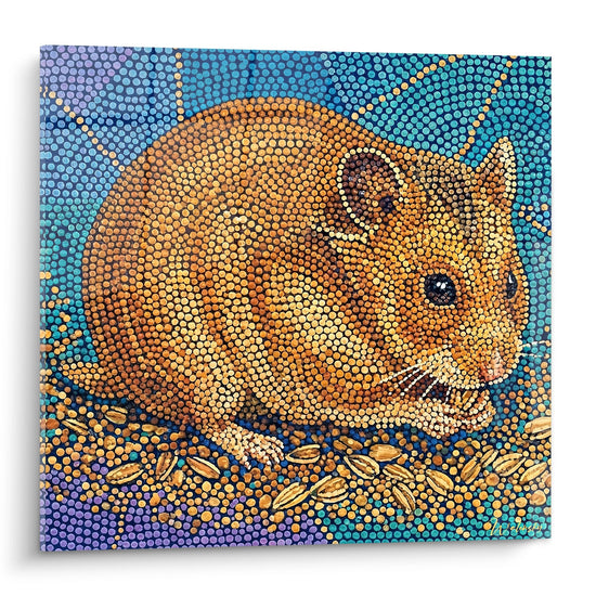 Schilderij Goudhamster met Zwarte Ogen op Blauw Pointillistische Achtergrond - Kleurrijke Tederheid - Hamster Editie