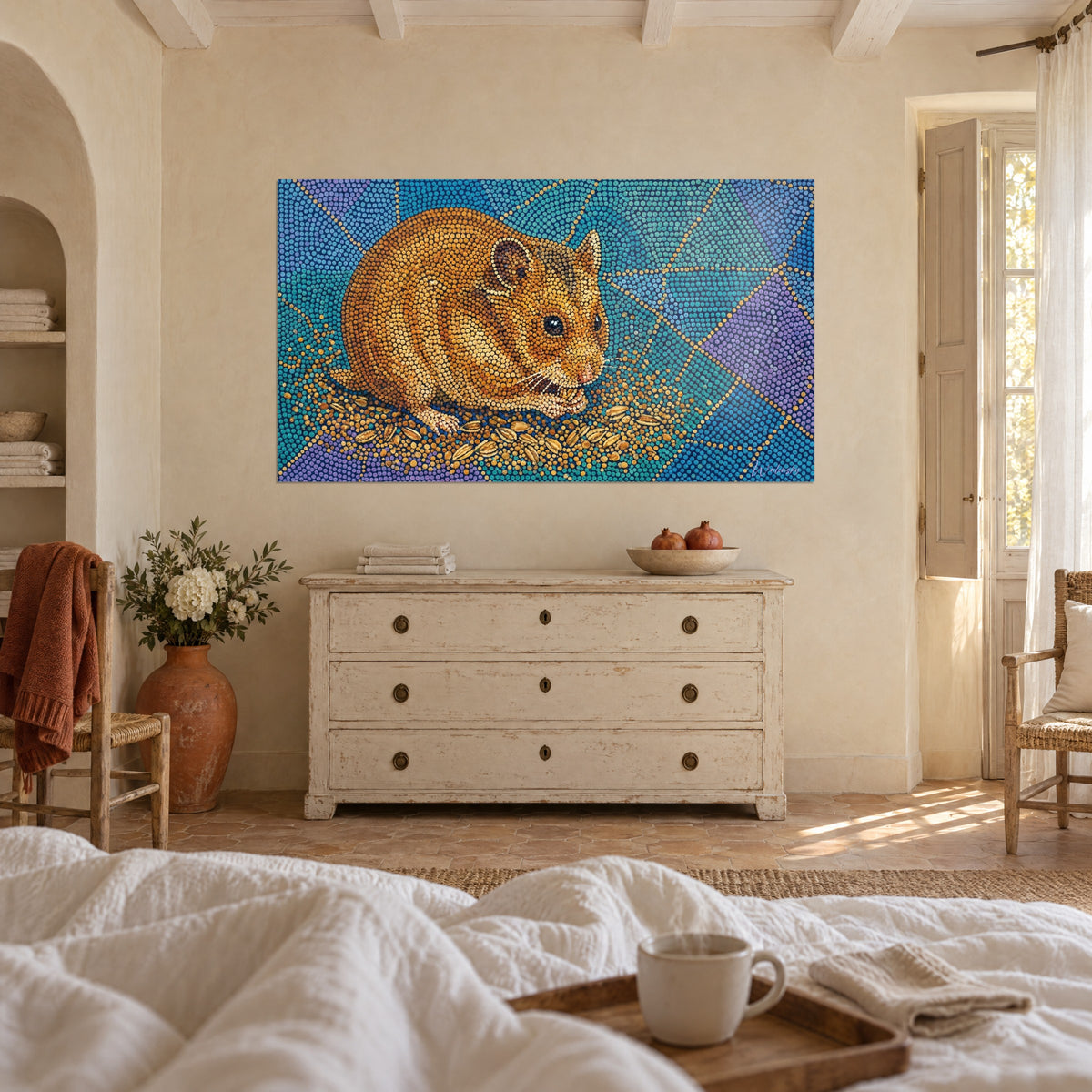 Schilderij oranje bolletje vacht omringd door turquoise en lila ruiten, boven een bed in een lichte slaapkamer