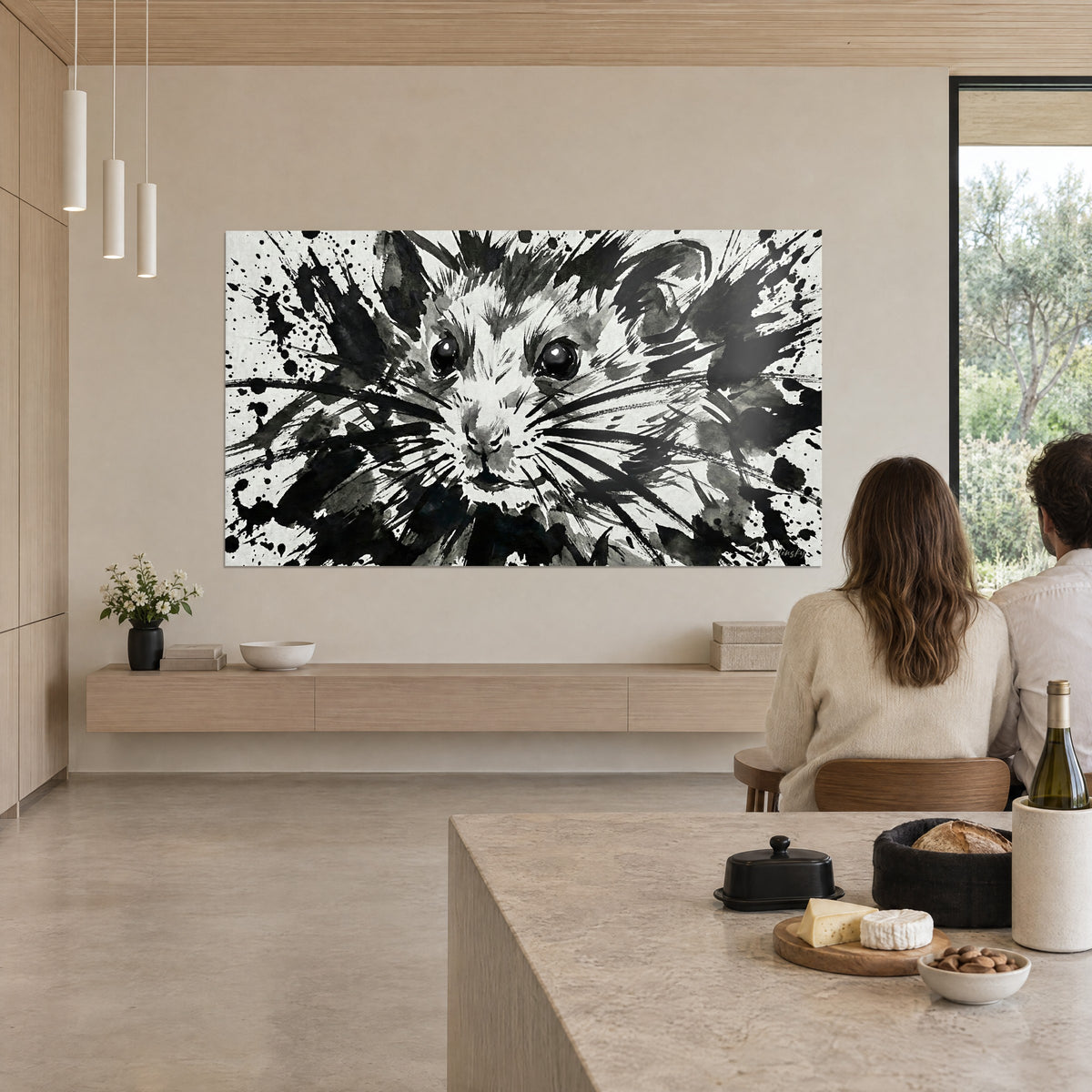Wall art hamster portrait in sumi ink, black marks and silvery grey, facing an open kitchen with two guests seen from behind