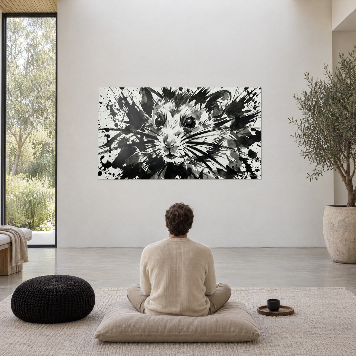 Wall art ink storm around a hamster muzzle, deep black and chalky white, a man sitting in meditation facing the wall