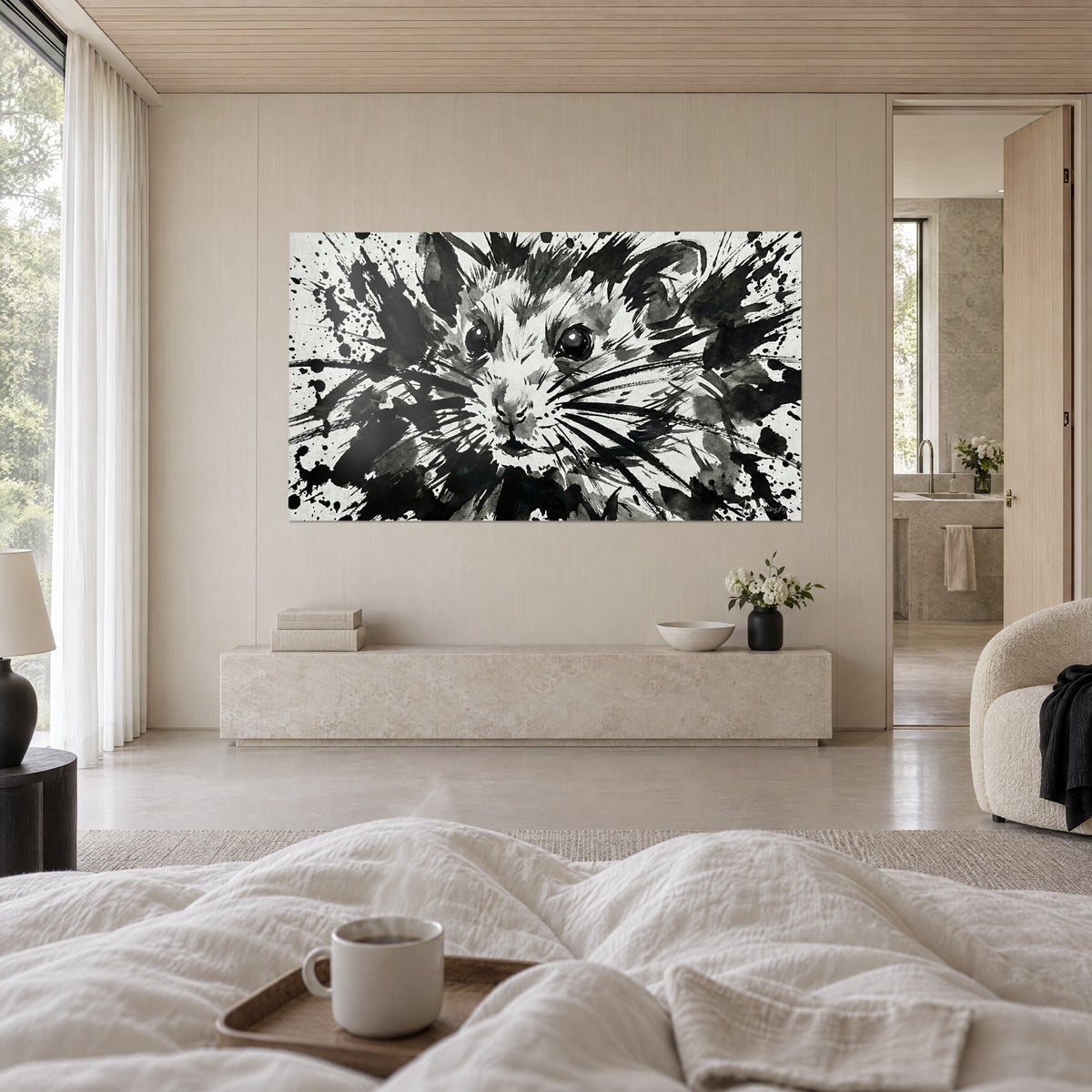 Wall art mouse face in black ink, eyes with pearly white highlights on cream background, above a bed in a light bedroom