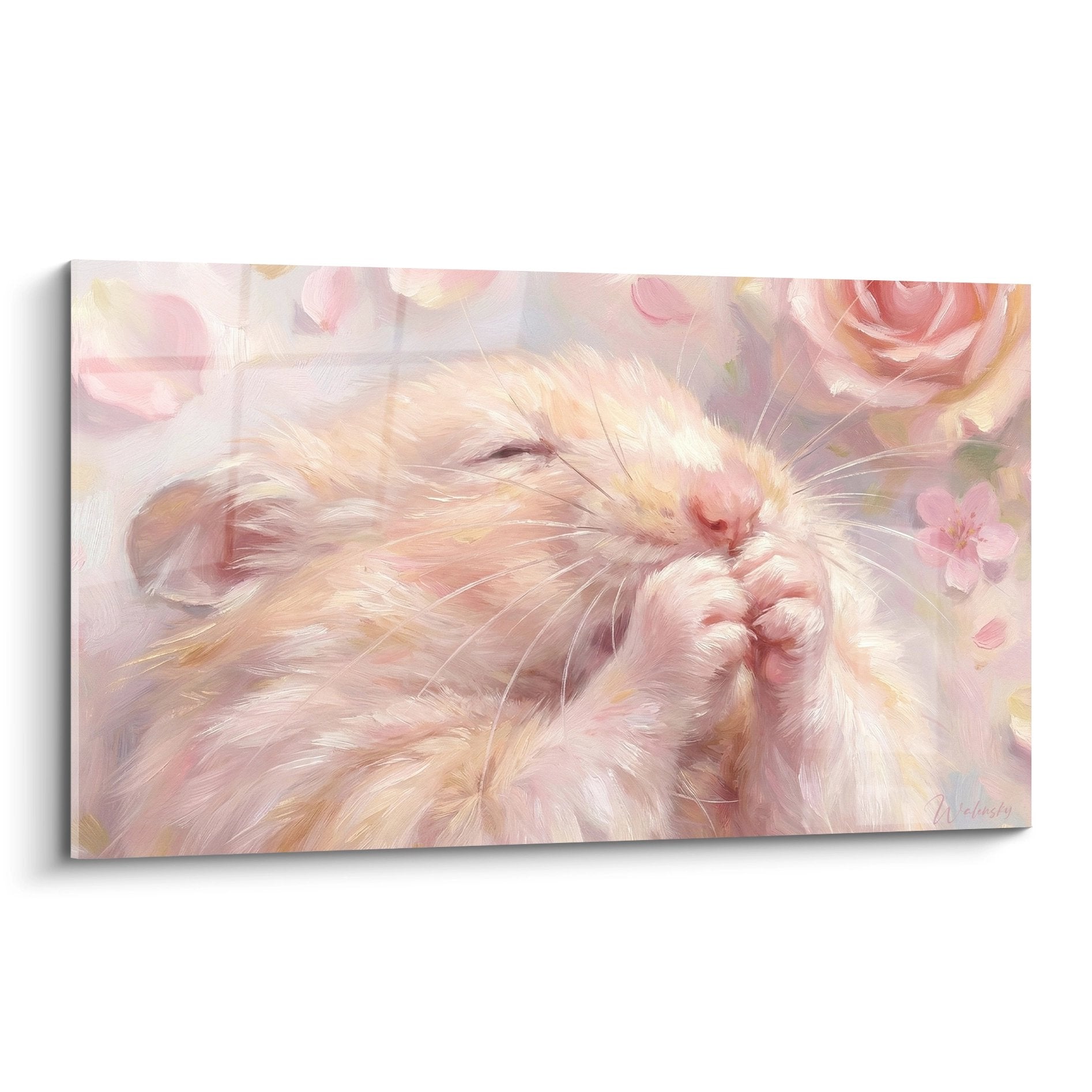 Hamster-Gemälde schlafend in rosa-goldenen Tönen mit zarten Rosen im Hintergrund, weiches künstlerisches Design Hamster-Edition