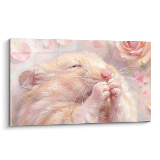 Schilderij Slapende Hamster in Roze en Goudtinten - Florale Zachtheid - Hamster Editie