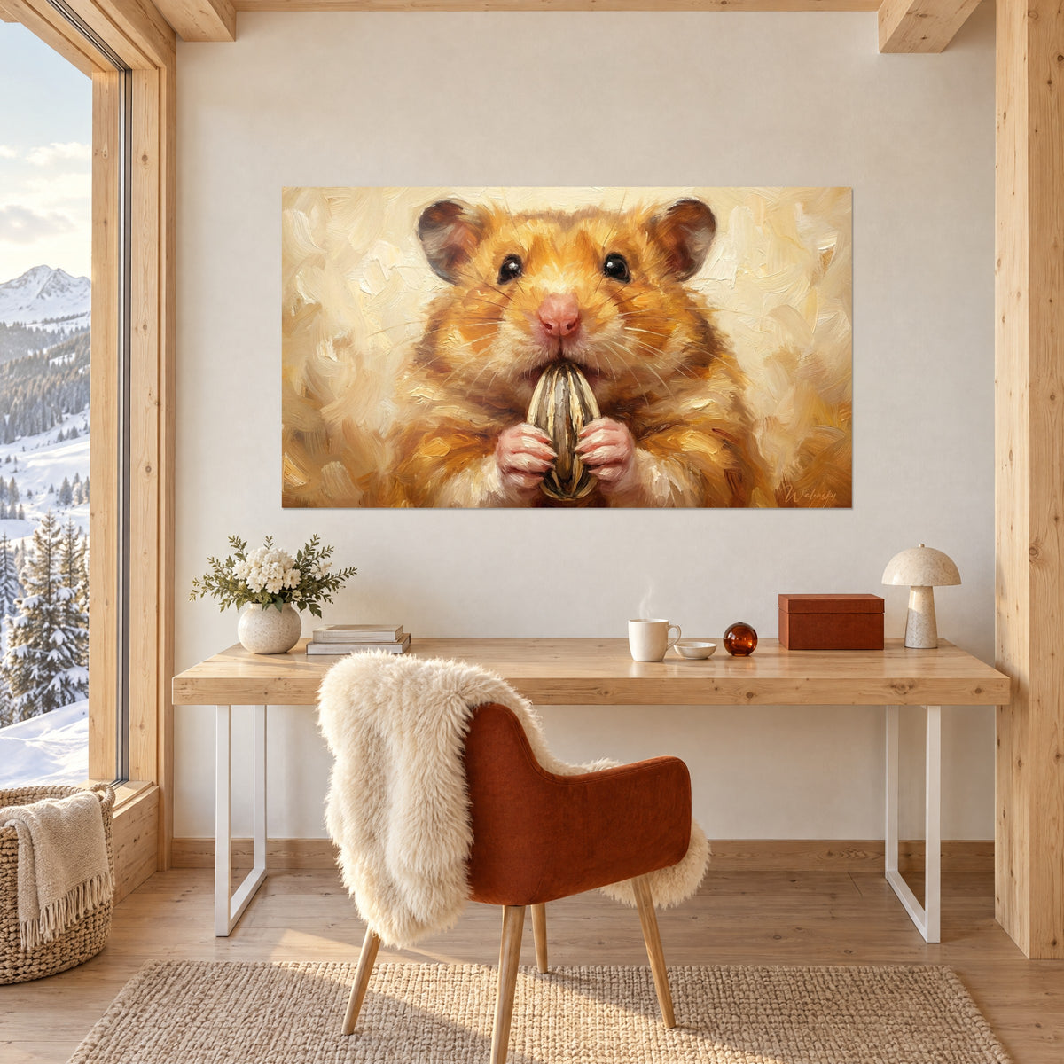 Tableau hamster joufflu tenant une graine rayée entre ses pattes, tons orange et ivoire, mur blanc au-dessus d'un bureau en bois clair