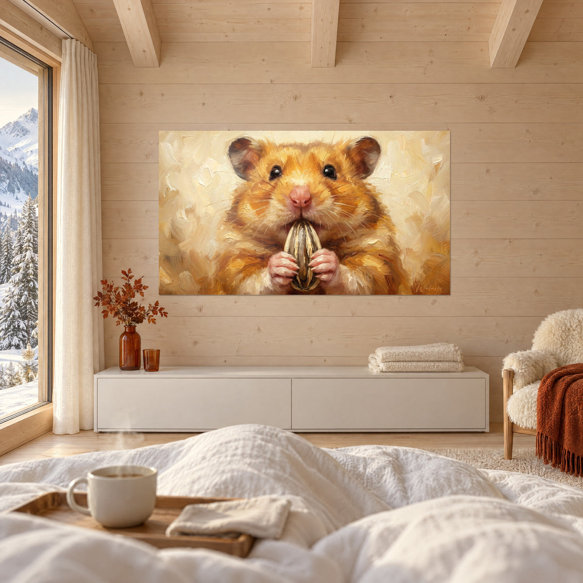 Tableau boule de poils fauve mordillant une graine, pattes roses, fond beige peint en larges touches, accroché au-dessus d'un lit dans une chambre claire