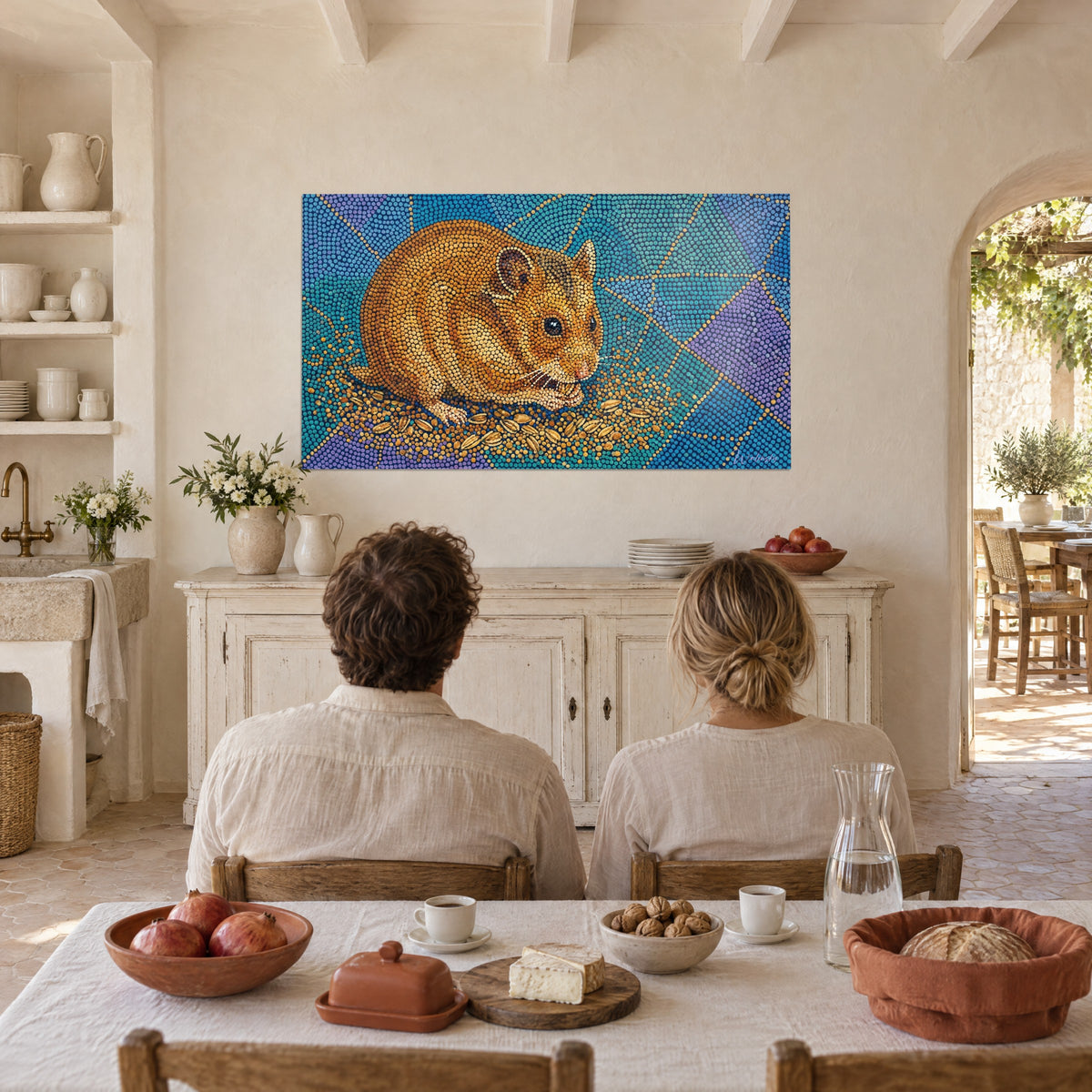 Schilderij gouden gespikkelde hamster die zaadjes knabbelt, petroleumblauwe en paarse achtergrond, tegenover een stel aan de keukentafel