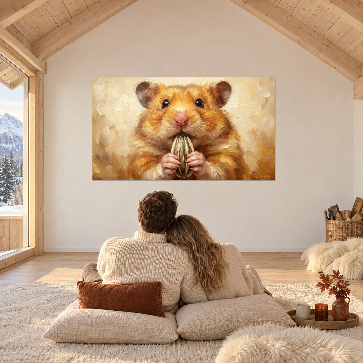 Tableau petit gourmand à fourrure dorée croquant sa graine, touches de peinture crème et ambre, couple de dos sur des coussins, chalet de montagne