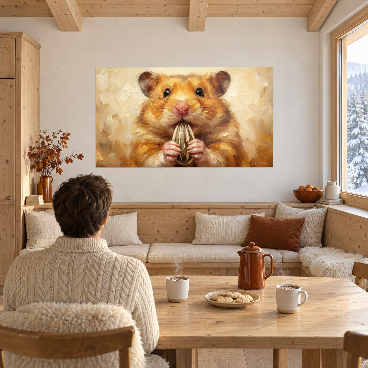 Tableau portrait d'un hamster gourmand, truffe rose et yeux noirs brillants, pelage miel et blanc crème, chalet enneigé, deux tasses fumantes