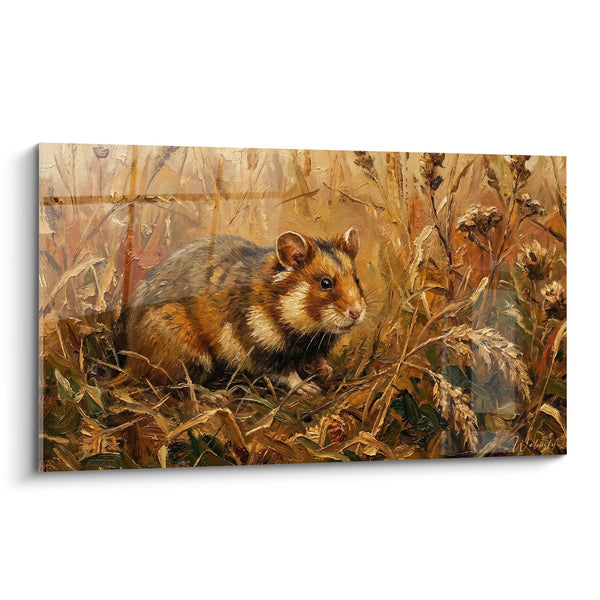 Schilderij rode hamster in gouden tinten in wilde grassen - Herfsttoevlucht - Hamster Editie