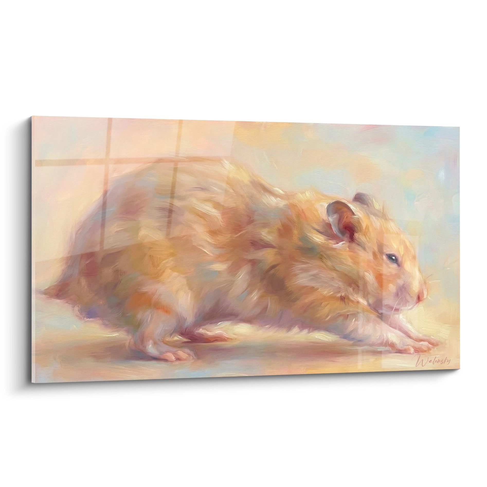 Impressionistisches Gemälde eines rötlichen Hamsters mit goldenen und orangefarbenen Nuancen auf beigefarbenem Pastellhintergrund