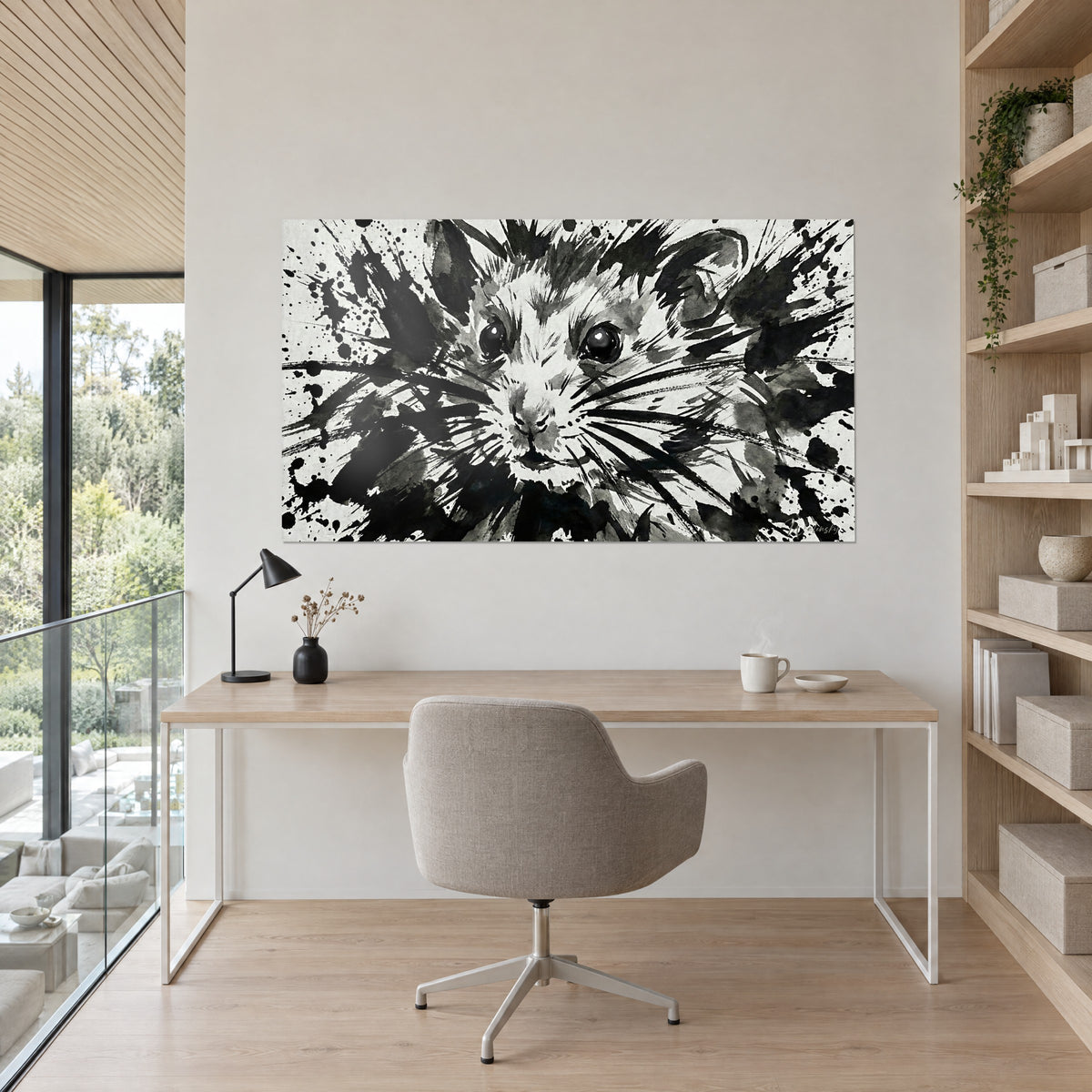 Wall art expressionist field mouse with long black whiskers, off-white splattered background, above a light wood desk