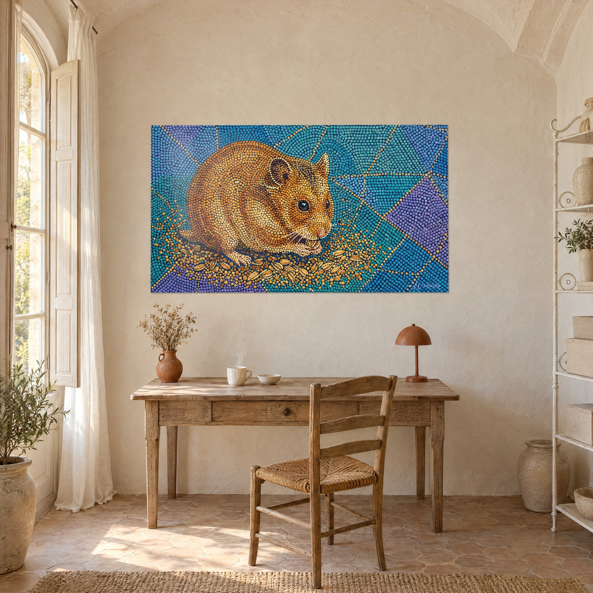 Schilderij knaagdier met glanzende zwarte ogen, honingkleurige vacht in stippen op een turquoise en paarse achtergrond, opgehangen boven een houten bureau